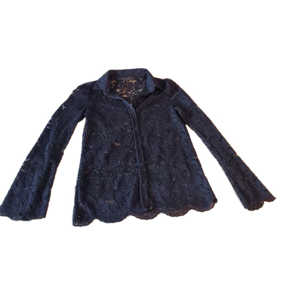 BCBG Max Azaria Black Lace Floral Long‎ Sleeve Collar Button Up Blouse Sz S Sexy